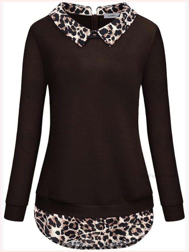 Long Sleeve Lapel Collar Curved Hem Tunic Sweatshirt - Pullover Top